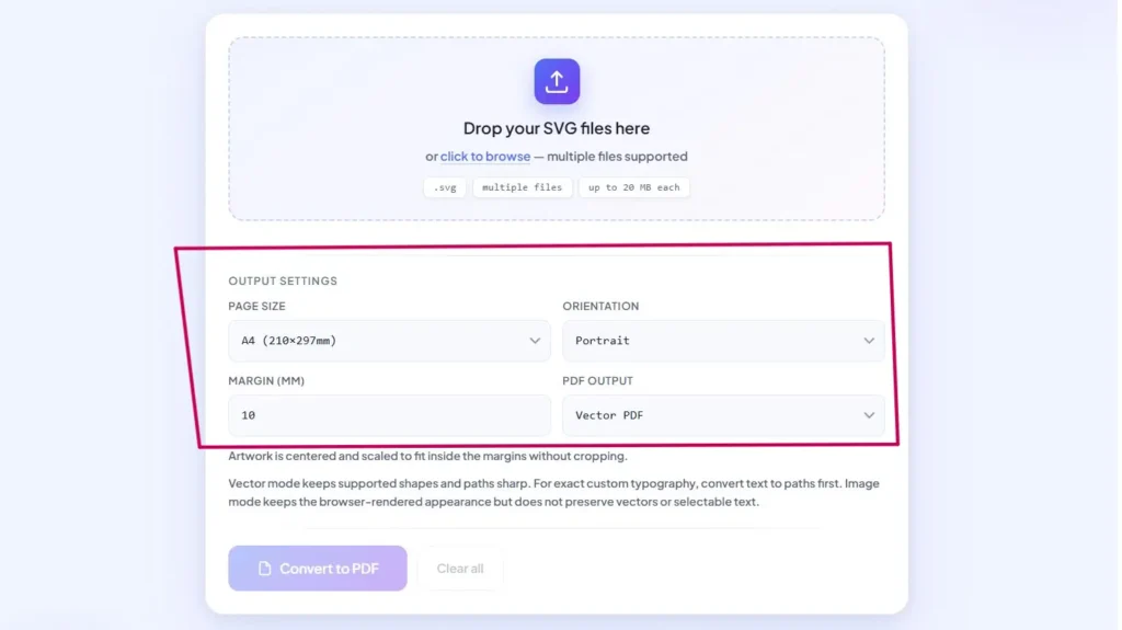 Choose your page size in SVG to PDF Converter