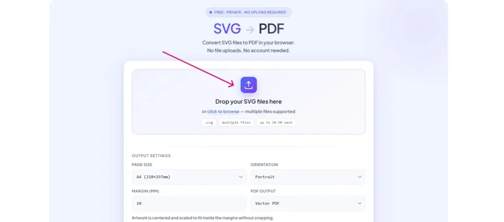 Drop your SVG files or click to browse in SVG to PDF Converter